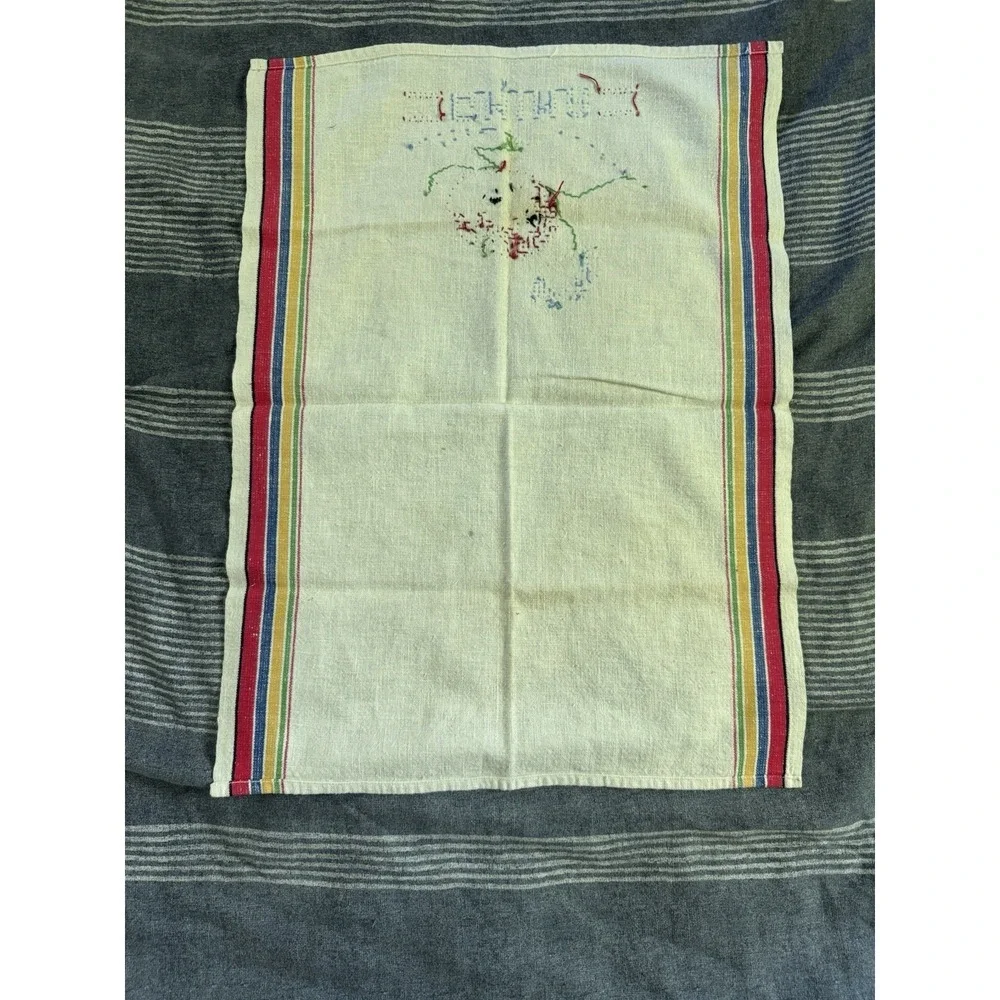 Vintage Hand Stitched Embroidered Hand Towel Striped Needle point‎